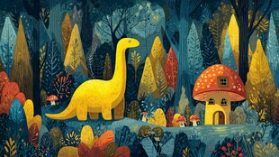 梦幻森林中的恐龙与蘑菇屋