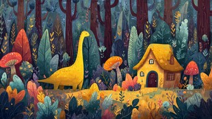 梦幻森林中的恐龙与小屋