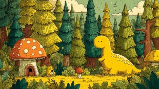 童话森林中的恐龙与蘑菇屋