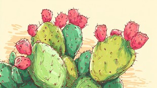 手绘仙人掌与红色果实