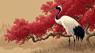 丹顶鹤立繁花树下