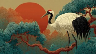 丹顶鹤立松间红日背景图