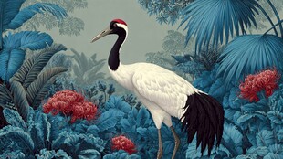 丹顶鹤于繁茂植物间伫立