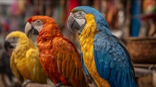 多彩鹦鹉齐聚展示绚丽羽毛