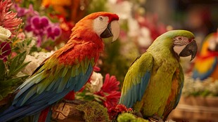 多彩鹦鹉栖于缤纷花丛中