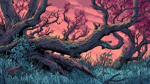 奇幻暮色下的扭曲枯树林