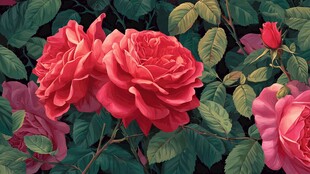 艳丽红玫瑰与绿叶图案