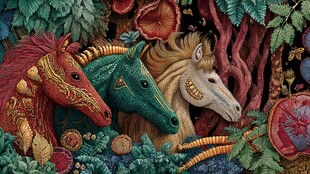 三匹华丽骏马置身繁茂植物间