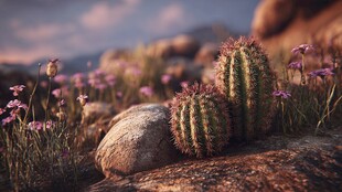 沙漠中绽放的仙人掌与小花