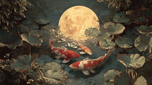 月夜锦鲤戏莲叶间