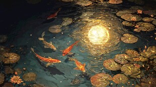 月夜池塘锦鲤戏睡莲