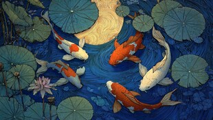 月下锦鲤戏荷图