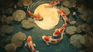 月下锦鲤戏荷叶