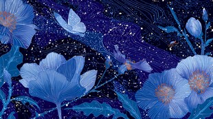 梦幻蓝花与星空蝴蝶图景
