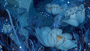 梦幻蓝调星空下的花卉世界