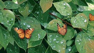 雨润绿叶上的斑斓蝴蝶