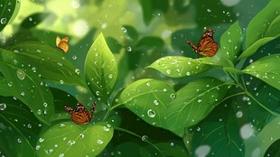 绿叶上的蝴蝶与晶莹水珠