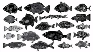 多样鱼类黑白插画图案