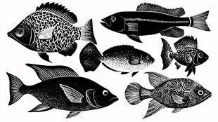 黑白风格多样鱼类插画