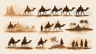 沙漠驼队剪影场景插画