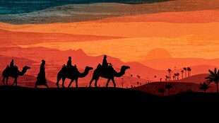 沙漠驼队夕阳下的剪影