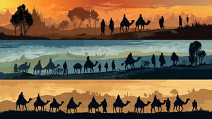 沙漠驼队黄昏剪影景观