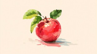 水彩绘红苹果带绿叶