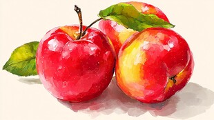 水彩绘就的鲜艳红苹果