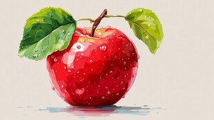 水彩画中的红苹果与绿叶