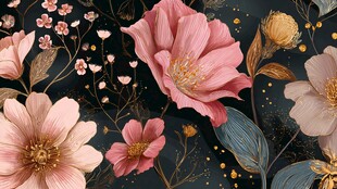 复古花卉插画 黑金背景绽放