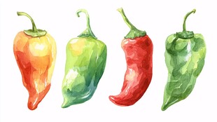 水彩绘多彩辣椒四枚