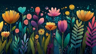 梦幻花卉夜景插画