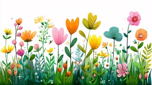 缤纷花卉草地插画