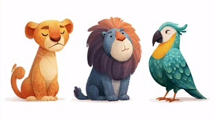 可爱狮与鹦鹉的萌趣组合