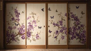 紫色花卉蝴蝶移门装饰画