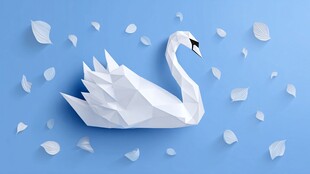 纸艺天鹅于蓝背景伴花瓣