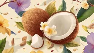 插画中的椰子与缤纷花卉