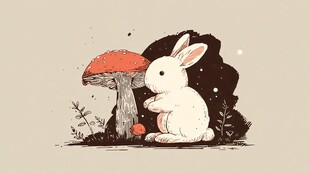 白兔倚蘑菇的奇幻小景