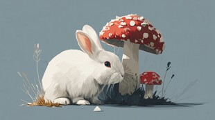 白兔依偎大蘑菇的梦幻场景