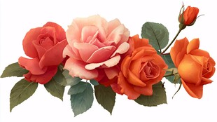 橙粉玫瑰绽放绿叶间