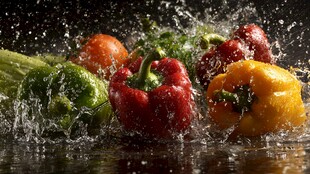 彩椒入水溅起晶莹水花