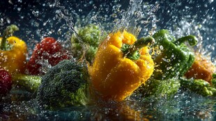 彩椒西兰花等蔬菜溅水瞬间