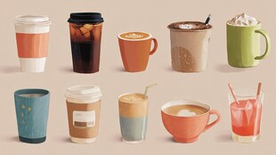 多样咖啡杯中的缤纷饮品