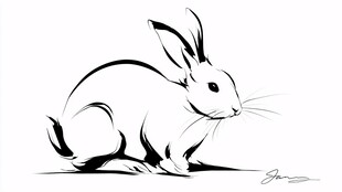 黑白线条风蹲坐兔子插画