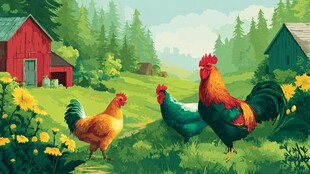 田园中漫步的多彩鸡群