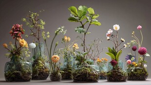 多彩玻璃瓶中的迷你花卉世界