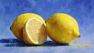 静物油画中的鲜黄柠檬
