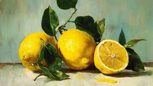 柠檬静物画 鲜黄果实与绿叶