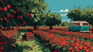 草莓园中的复古汽车风光