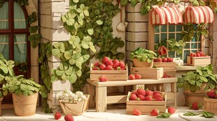 户外草莓摊位的清新景致